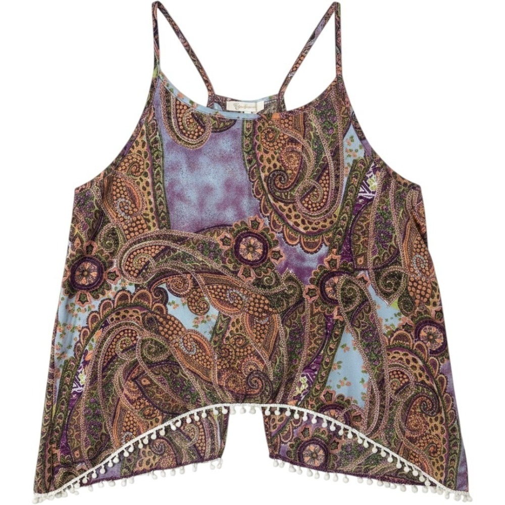 Love Blossom Paisley Tank Top Women Large Purple Boho Flowy Pom Pom Trim